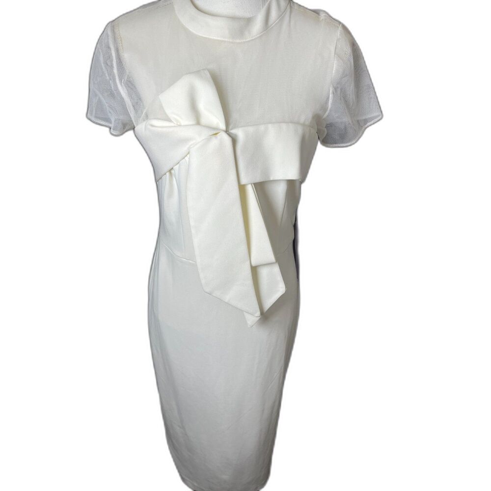 JS Collection Illusion neck, bow, midi dress size 8 off white New with tags - Picture 4 of 9